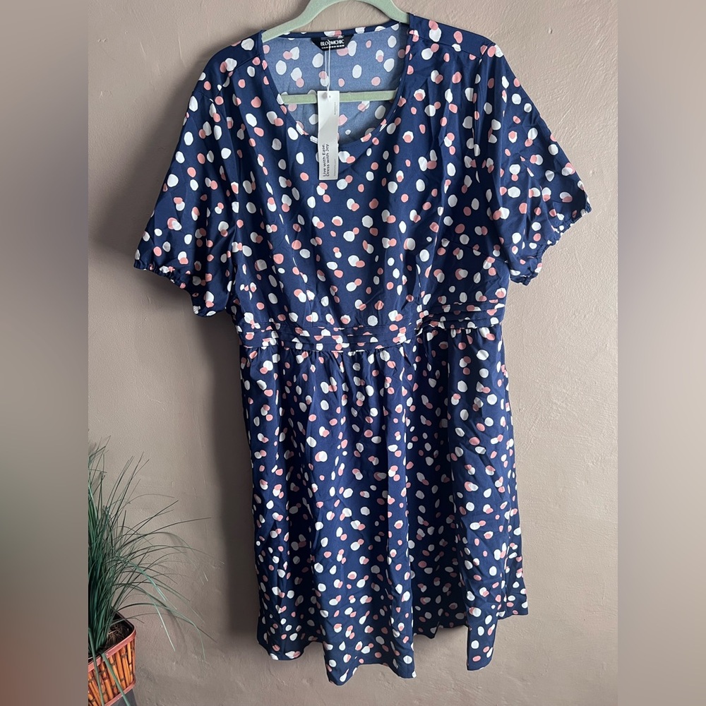 BloomChic Navy Blue Dress with Pink and White Polka Dots
